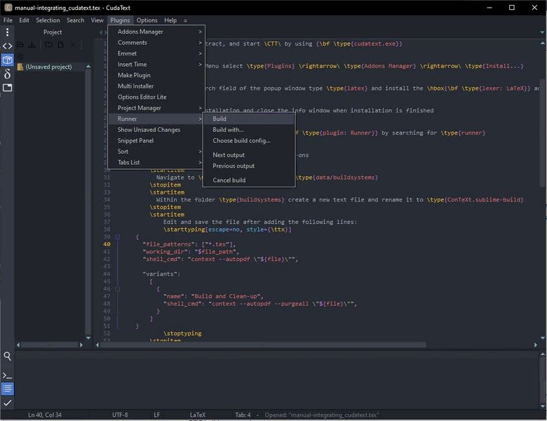 Main view of CudaText with ConTeXt input